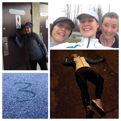 Four runs (clockwise): I have to pee!; splish splash; death by hills; SNOW... sort of.