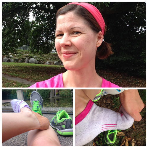 (Top) Taken moments before the beads of sweat on my forehead became beads of sweat in my eyes – youch! (Left) From my run on Saturday when my foot was freshly taped and I felt not even a tick of an ache for the whole run. (Right) Toe cramp! Toe cramp! Toe cramp!